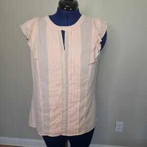 Elle Blush Pink Pleated Ruffle Sleeve Blouse Keyhole Top L
